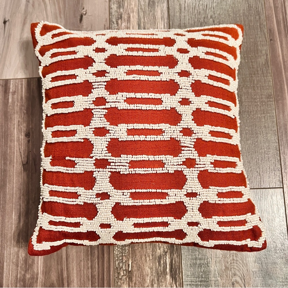 Pier 1 Beaded Burnt Orange Decorative 11x11 Throw Pillow White Glass Seed Beaded